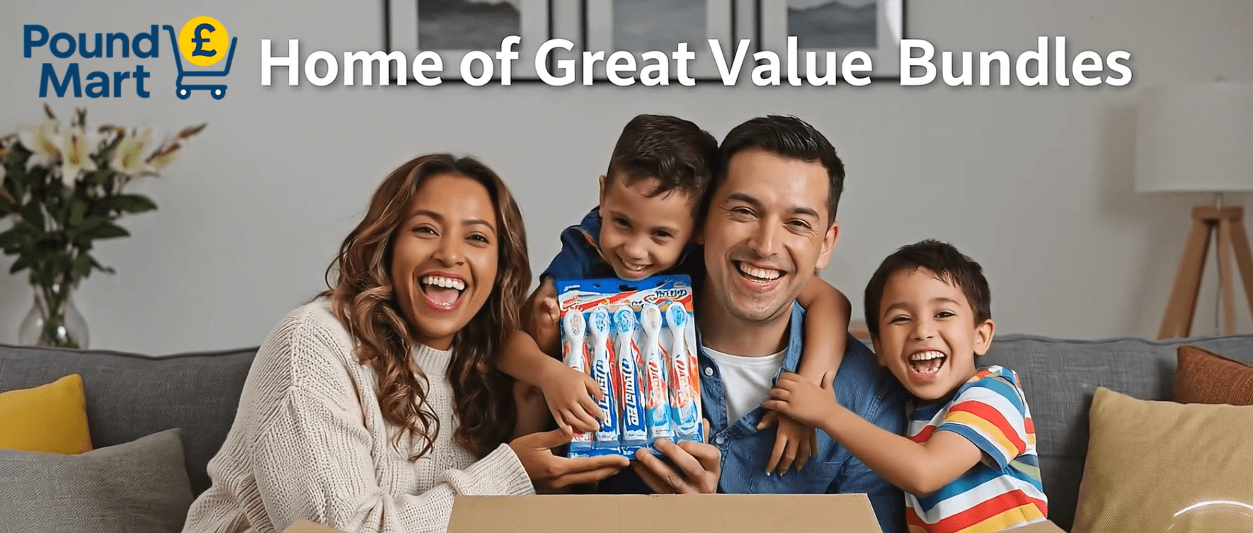 A family on the sofa unboxing a PoundMart value bundle