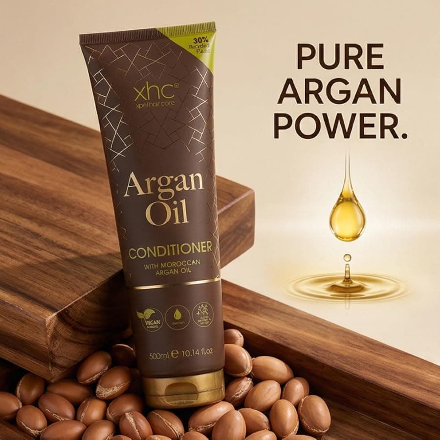 XHC Argan Oil conditioner on argan nuts with a golden oil drop