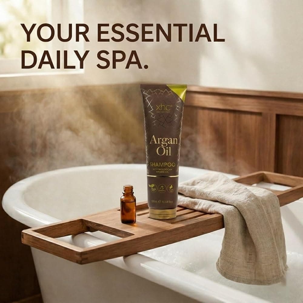 XHC Argan Oil conditioner on a bath caddy: your essential daily spa