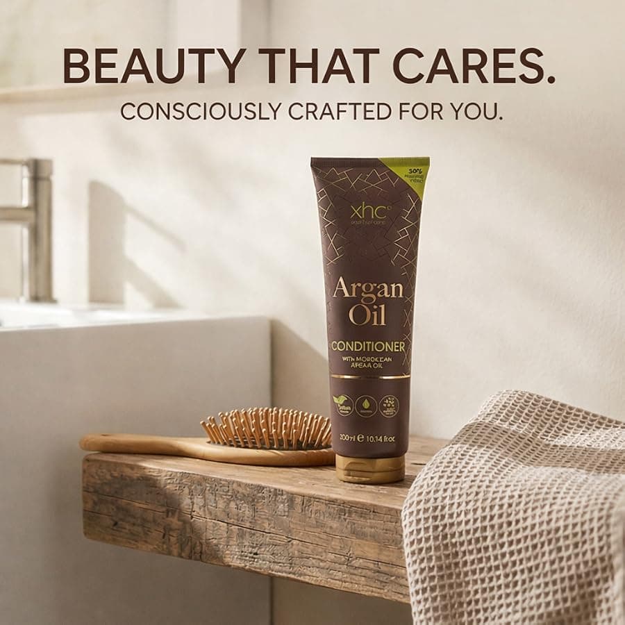 XHC Argan Oil conditioner on a wooden bathroom shelf with a hairbrush