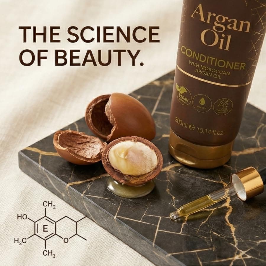 XHC Argan Oil conditioner with an open argan nut on dark marble
