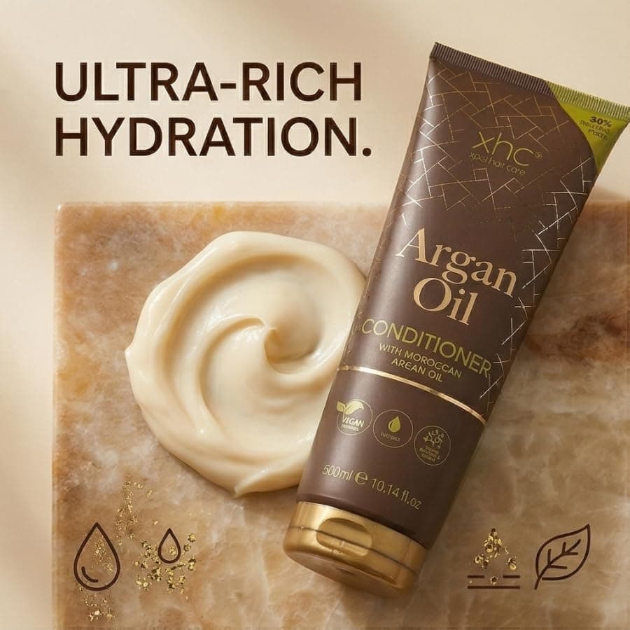 XHC Argan Oil conditioner beside a swirl of creamy conditioner