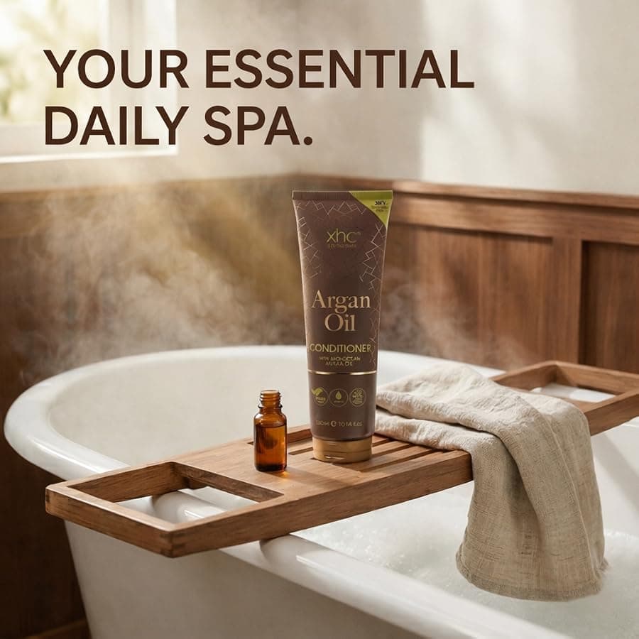 XHC Argan Oil conditioner on a bath caddy with a towel and oil dropper