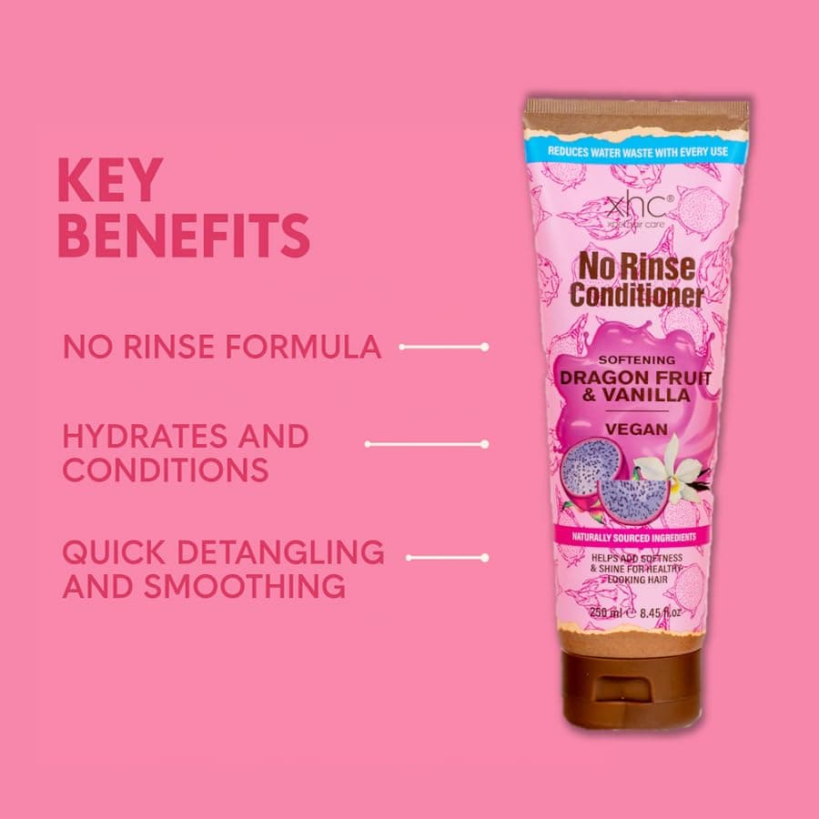 XHC Dragon Fruit & Vanilla No Rinse Conditioner key benefits: no rinse formula, hydrates, quick detangling