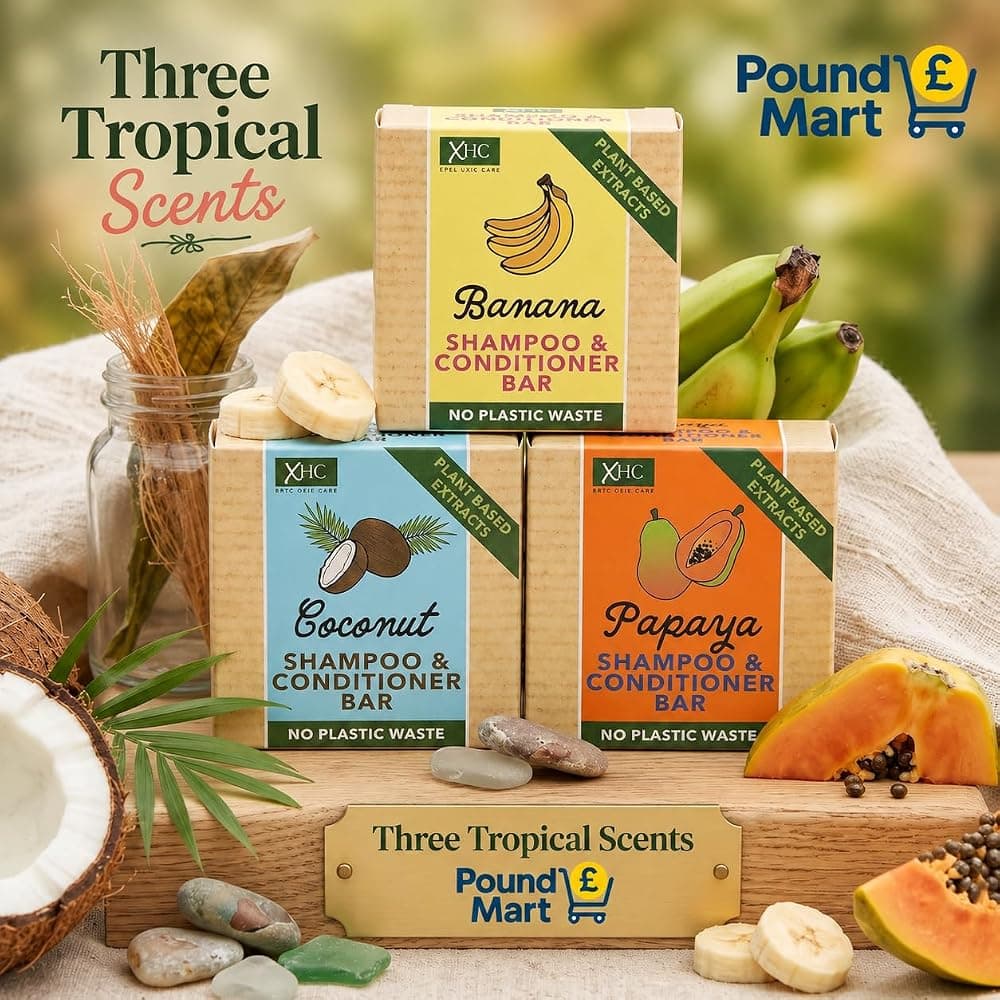 XHC Coconut, Banana and Papaya shampoo and conditioner bars with tropical fruit