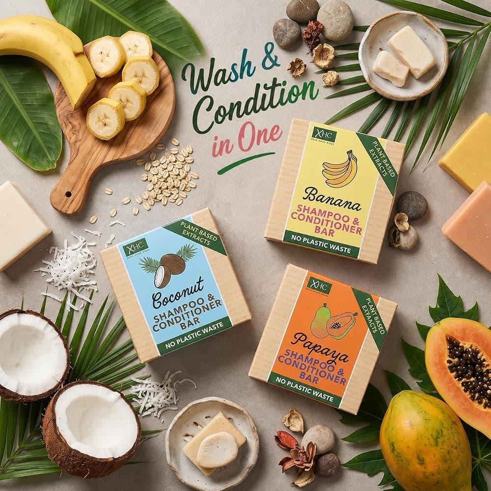 XHC Coconut, Banana and Papaya shampoo bars among coconuts, bananas and papaya