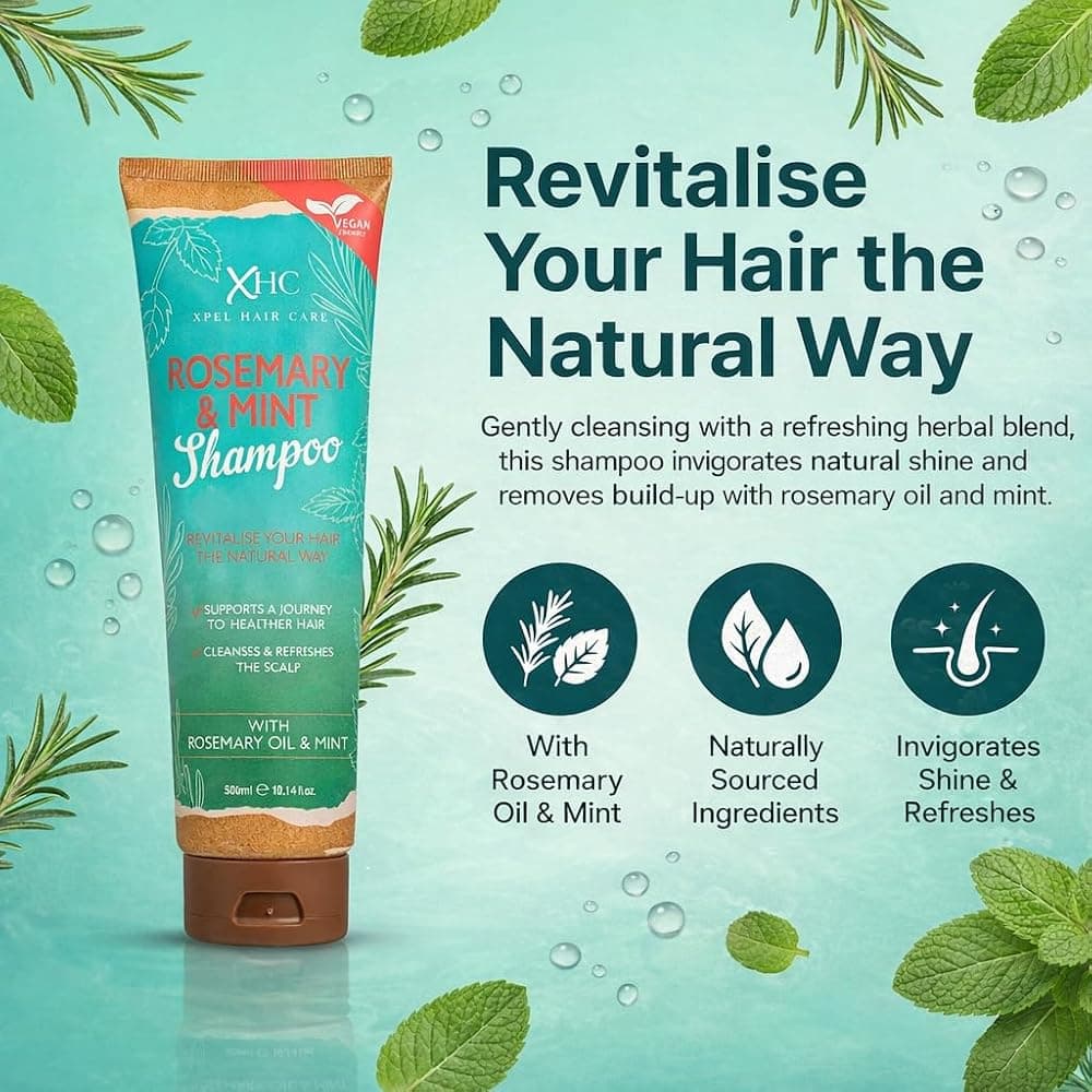 XHC Rosemary & Mint shampoo with fresh rosemary and mint leaves