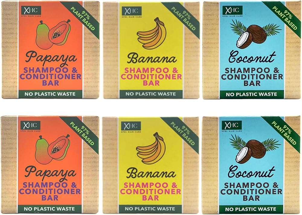 Six XHC shampoo and conditioner bars in coconut, banana and papaya